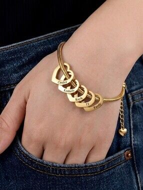 Gold Personalized Name Heart Charms And Snake Chain Charm Bracelet